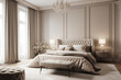 Opulent bedroom with a centrally placed bed and marble slabs throughout. Featuring mild beige hues, including white, milk, brown, and taupe. The interior design includes a blank wall for versatility