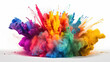 vibrant hue over a white background. colored clouds. Abstract color powder splatters on a colorful rainbow holi paint color powder explosion isolated white background, Generative AI 