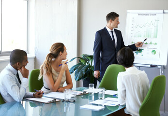 Aufkleber - Business man, speaker or presentation of corporate management team with sustainable growth chart. Training, people or collaboration of eco friendly company staff in conference room for report meeting