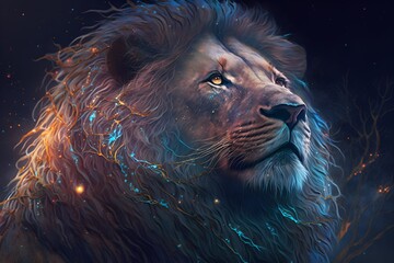 Wall Mural -  A close up of a lion on a black background, an airbrush painting, fantasy art, red blue and gold color scheme by Generative AI