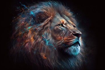 Wall Mural -  A close up of a lion on a black background, an airbrush painting, fantasy art, red blue and gold color scheme by Generative AI