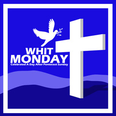 Wall Mural - A cross on a hill with a white bird carrying a branch, with bold text in frame on blue background to commemorate Whit Monday on Day After Pentecost Sunday May