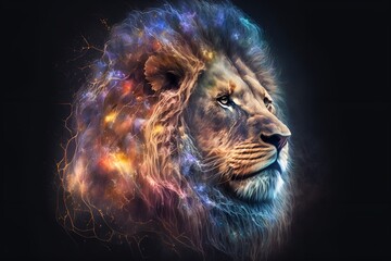 Wall Mural - A close up of a lion on a black background, an airbrush painting, fantasy art, red blue and gold color scheme by Generative AI