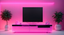Interior Design With TV, Sofa And Table, Beautiful Pink Neon Light Abstract Background, With Flower Vase In Living Room.