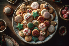Multicolor Christmas Cookies On A Plate On Wooden Table Christmas Holiday, Noel Food, Festive Celebration, Generative AI