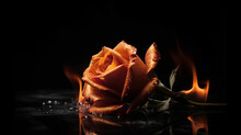 Beautiful Orange Rose With Water Drops On Black Background. Generative Ai