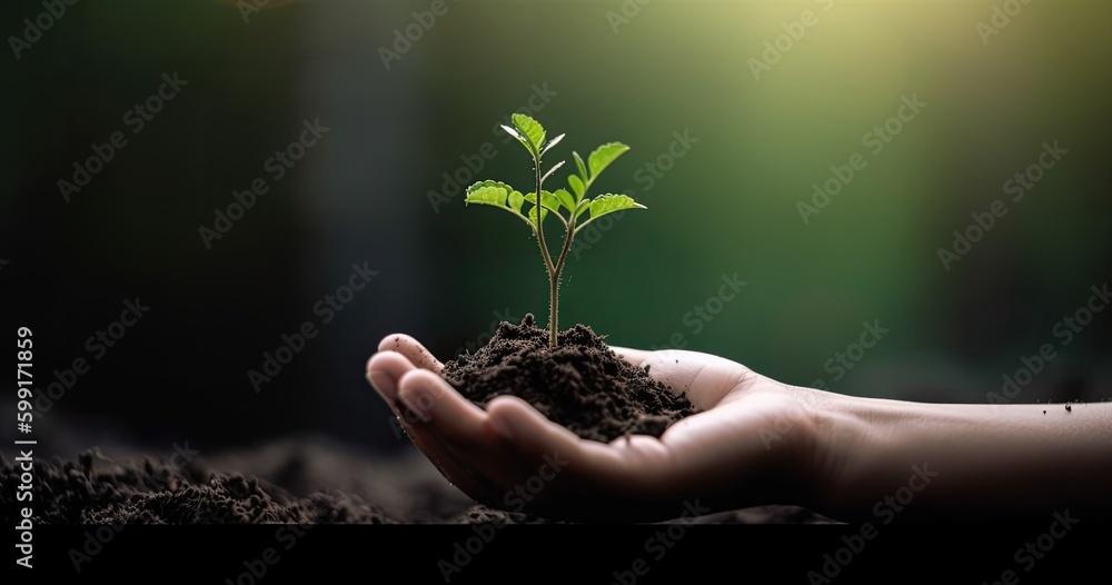 hand holding young plant on blur green nature background. concept eco ...