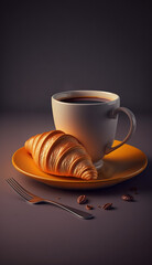 Fresh croissant with hot coffee in a cup. Breakfast concept