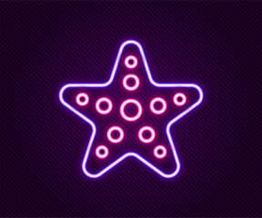 Sticker - Glowing neon line Starfish icon isolated on black background. Colorful outline concept. Vector