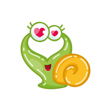 Funny Cartoon Snail. Cartoon Illustration Of A Slug With Heart Shaped Eyes Isolated On A White Background. Vector 10 EPS.