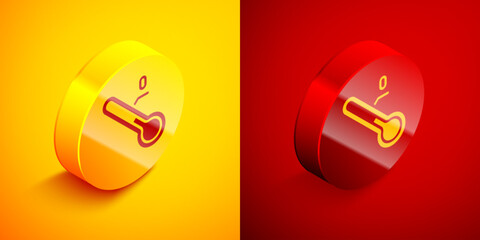 Sticker - Isometric Meteorology thermometer measuring icon isolated on orange and red background. Thermometer equipment showing hot or cold weather. Circle button. Vector