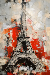 Wall Mural - Abstract painting concept. Colorful art style of the Eiffel tower in Paris on torn paper collage background. Generative AI.