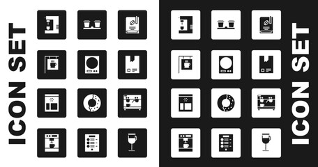 Poster - Set Coffee book, Electronic scales, Street signboard coffee, machine, Bag beans, cup to go, and icon. Vector