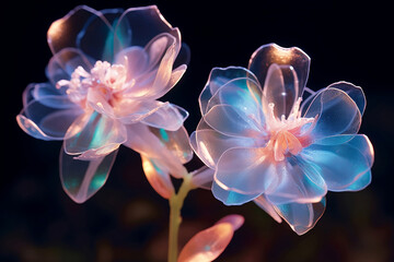 Wall Mural - Beautiful transparent flowers with iridescent light coming trhough against dark background.