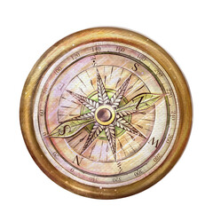 Vintage gold compass watercolor freehand drawing isolate. Hand drawing. Vintage clip art element for design cards, posters, stickers