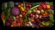 full frame of fresh organic vegetables and fruits, top view