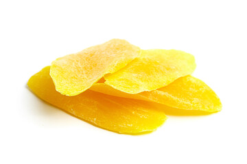 Wall Mural - Candied mango fruit chips isolated on white background. Dry dehydrated mango slices