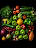 Fototapeta Kuchnia - fresh vegetables and fruits lined up in a row with dark background