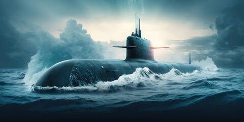 Wall Mural - Generic military nuclear submarine floating in the middle of the ocean while shooting an undersea torpedo missile, wide banner with copy space area, generative AI