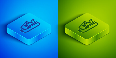 Sticker - Isometric line Viking head icon isolated on blue and green background. Square button. Vector