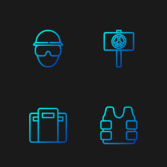 Poster - Set line Bulletproof vest, Police assault shield, Special forces soldier and Peace. Gradient color icons. Vector