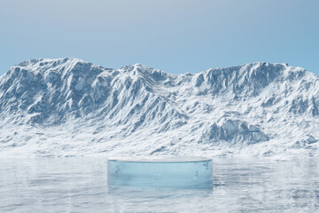 Wall Mural - 3d render winter platform and natural podium background, ice podium on the lake backdrop ice snow mo