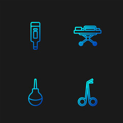 Sticker - Set line Medical scissors, Enema, Digital thermometer and Stretcher. Gradient color icons. Vector