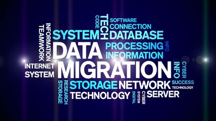 Data Migration animated tag word cloud;text design animation kinetic typography seamless loop.