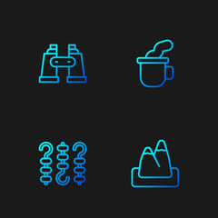 Sticker - Set line Mountains, Grilled shish kebab on skewer, Binoculars and Cup of tea. Gradient color icons. Vector