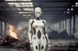 White high tech futuristic woman robot android destroying the world full on fire. Rise of the machines. flame on the background. Ai generated art. Cinematic style