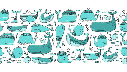 Poster - Funny wild whales family. Childish style, turquoise colors. Seamless pattern background for your design