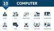 © Mariia - Computer outline set. Creative icons: hacker, virus, remote access, trojan horse, authentication, spyware, spam, cyber risk, ddos attack, data encryption, cyber defense, hacking information, online