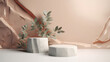 Stone podium for product presentation with green plants. Generative AI 