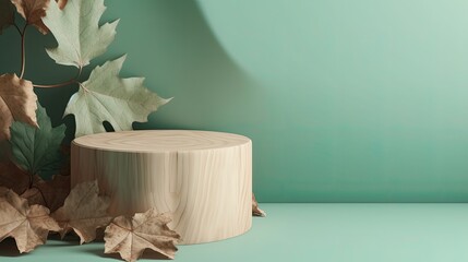 Wooden podium for product presentation with autumn leaves. Generative AI 