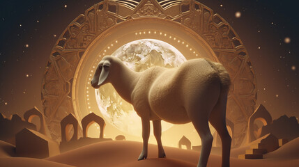 Eid al adha background, sheep front of mosque generative ai