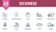© Mariia - Sickness outline set. Creative icons: tularemia, warkany syndrome, warts, yersiniosis, yeast infection, varicella, typhus, tuberculosis, uveitis, watkins.