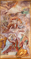  NAPLES, ITALY - APRIL 20, 2023: The fresco of Visitation in church Basilica di Santa Maria degli Angeli a Pizzofalcone by  Giovan Battista Beinaschi (1668 - 1675).