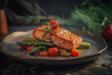 Delicious fried salmon with asparagus, herbs and tomatoes - Generative AI