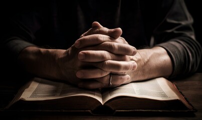 male hands resting on an open bible. generative AI 