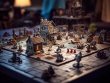 Tabletop Game With Miniatures, Dice And Models (AI Generated)
