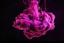 Paint Drop. Ink Water. Underwater Explosion. Purple Pink Color Glowing Smoke Cloud Shiny Glitter Particles On Dark Black Abstract Art Background With Copy Space 