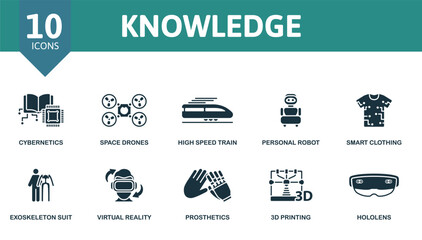 Wall Mural - Knowledge outline set. Creative icons: cybernetics, space drones, high speed train, personal robot, smart clothing, exoskeleton suit, virtual reality, prosthetics, 3d printing, hololens.