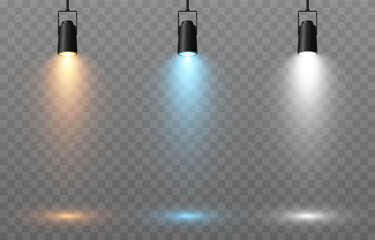 Vector set of light source. Light from a spotlight png. Studio, studio lighting png. Spotlight png. Yellow, golden, blue, white light. Light effect.