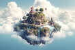 fantasy landscape with floating island in the sky, fantasy floating island,  flying island in the clouds,  dreamy imaginary awe and wonder. Generative Ai