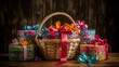 A delightful Mother's Day gift basket with an array of colorful presents, adorned with vibrant ribbons and wrapping paper, displayed on a wooden table. generative ai.