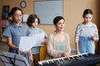 © Seventyfour - Group of children singing songs together with teacher while she playing piano during music lesson