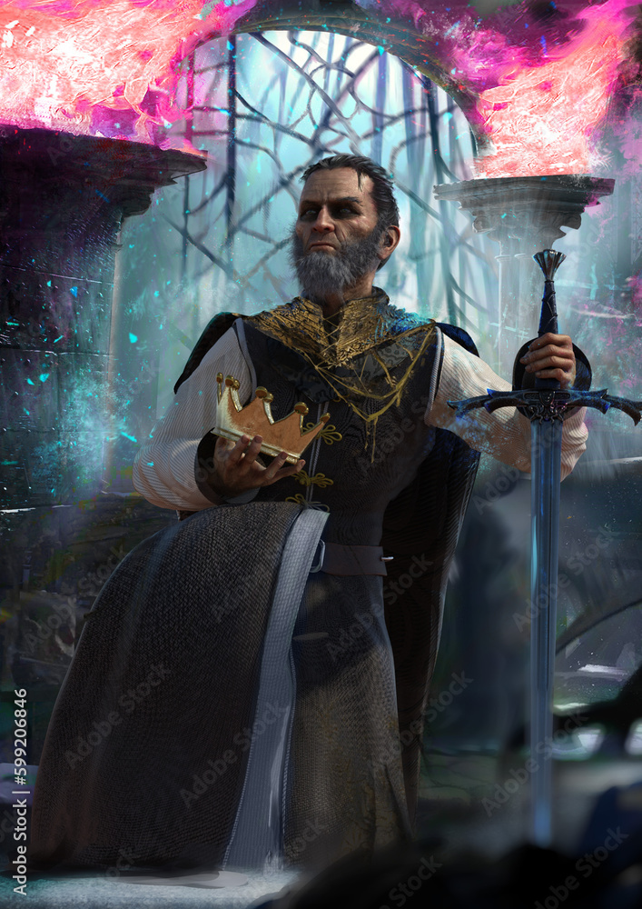 The old king in golden robes is leaning on one knee and a sword ...