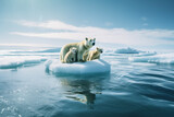 Fototapeta Przestrzenne - A white polar bear and her cub on a sheet of ice in the middle of the ocean, representing the impact of global warming on their habitat. Ai generated