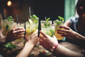 Wall Mural - Close up of friends group cheering mojito drinks at bar restaurant. Generative AI.