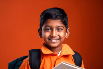 Cheerful young Indian boy with a bright smile, holding a textbook and posing against a solid color background, showcasing excitement for school and a love of learning